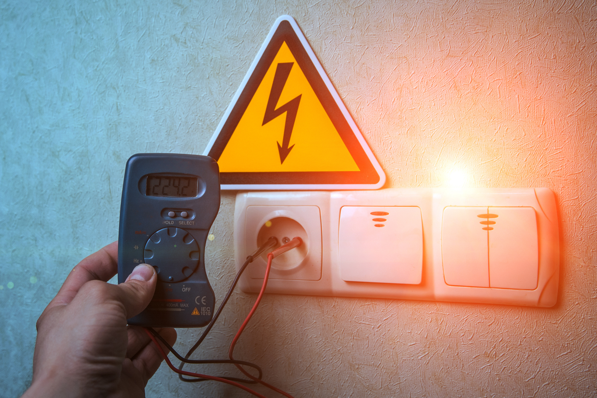 electrical safety sign on top of outlet